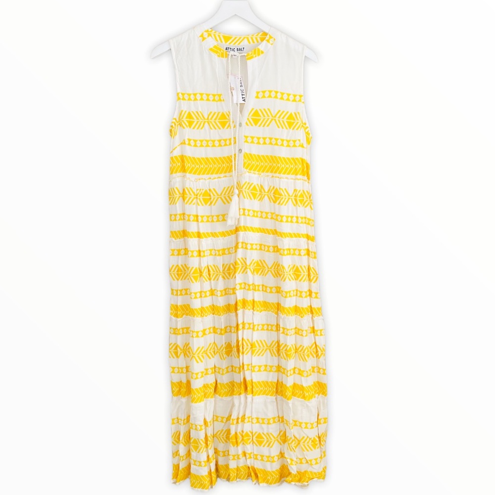 Attic Salt NWT Yellow‎ & White Aztec Style Sleevless Maxi Dress Size Medium & XL